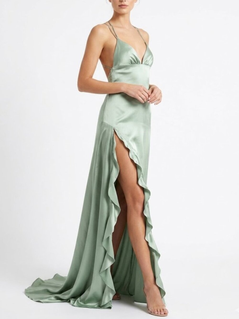 Strappy Open Back Lucy in the Sky Sage Satin Maxi Gown Size S Small